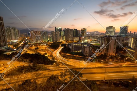 日没前の九龍湾のパノラマ風景