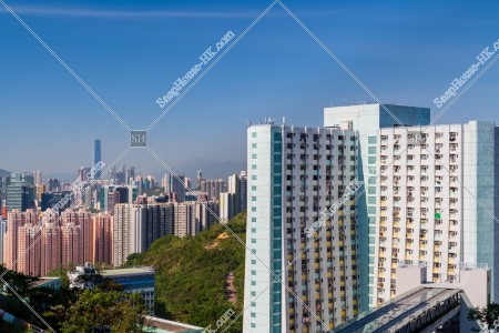 觀塘 公共住宅「順安邨」と九龍の風景