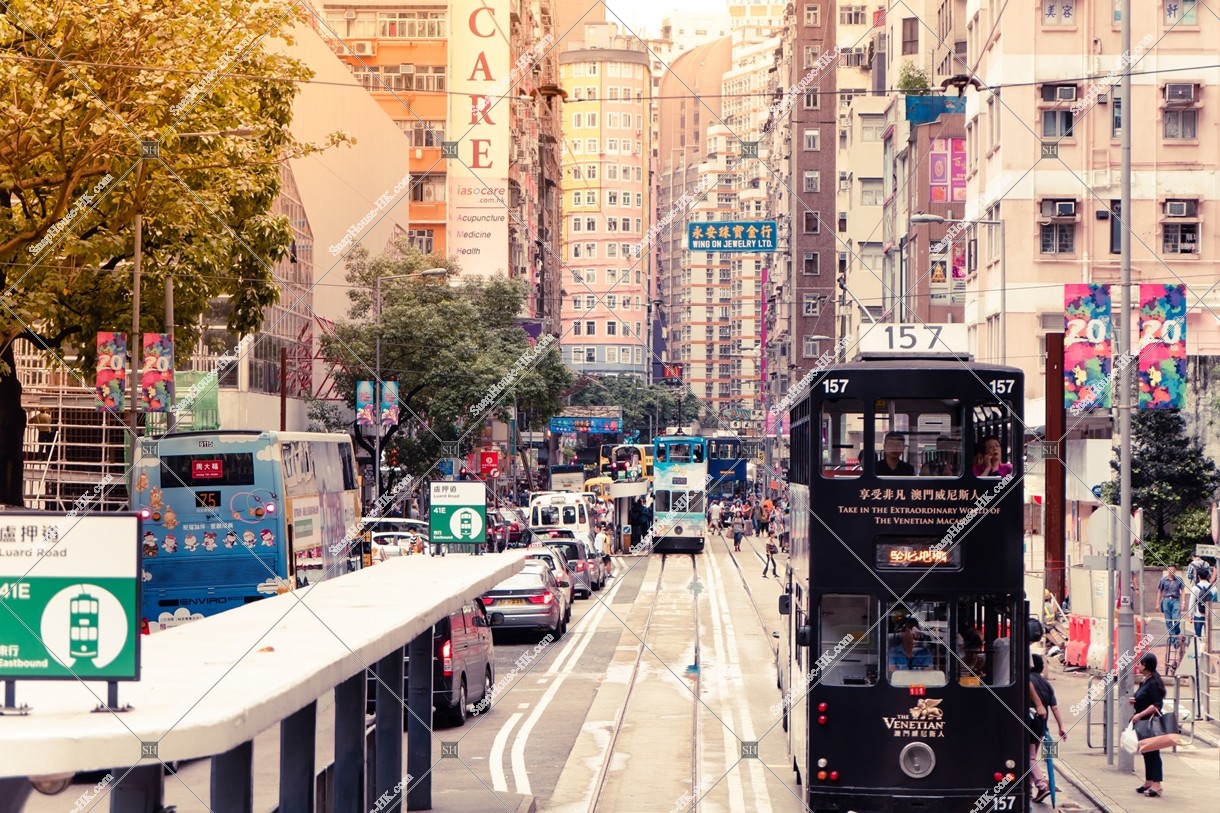 Street view of Wan Chai with Hong Kong Tramway, No.1