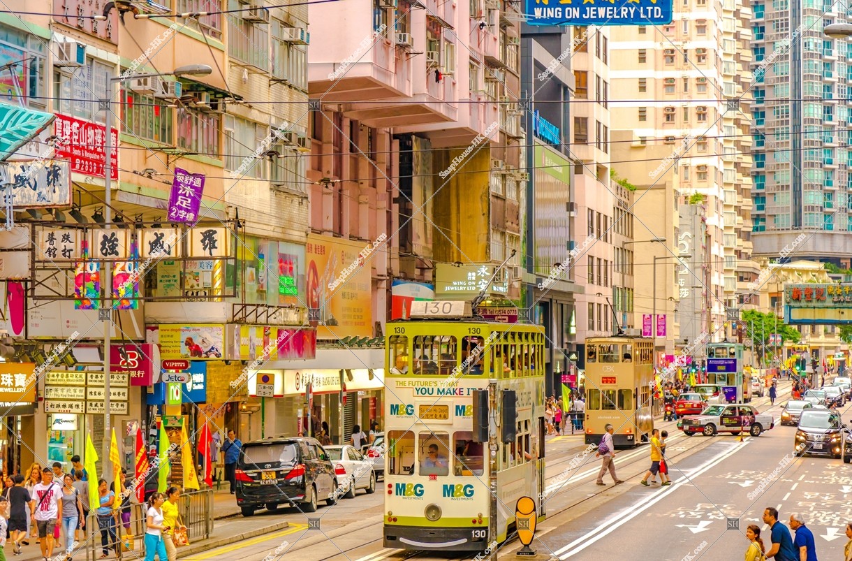 Street view of Wan Chai with Hong Kong Tramway, No.4