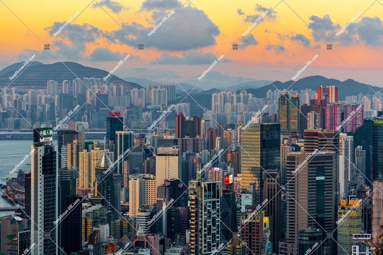View of high-rise buildings at Causeway Bay to Fortress Hill in sunset time