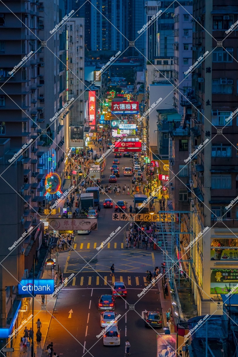 Street view of Tsuen Wan with signboards at night, No.1