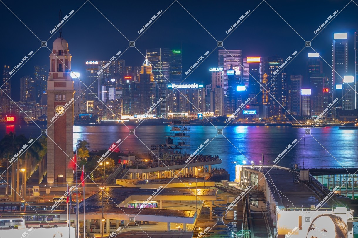Night view of Hong Kong Clock Tower with the high-rise buildings at Hong Kong Island, No.1