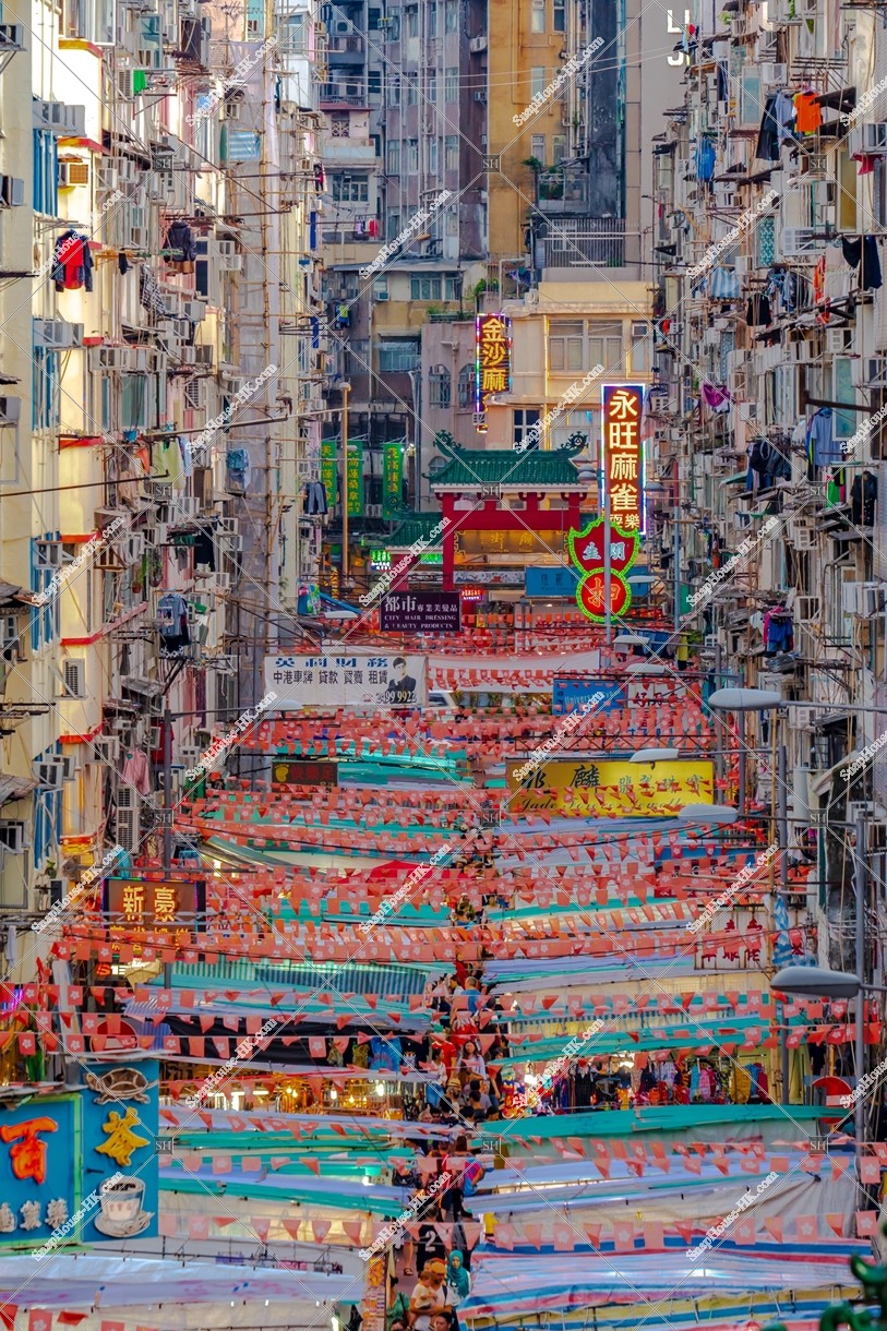 View of Temple Street Night Market at Jordan in the evening, No.4