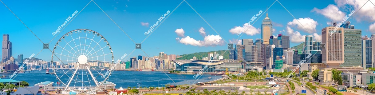 Panoramatic view of The Hong Kong Observation Wheel and high-rise buildings at Wan Chai
