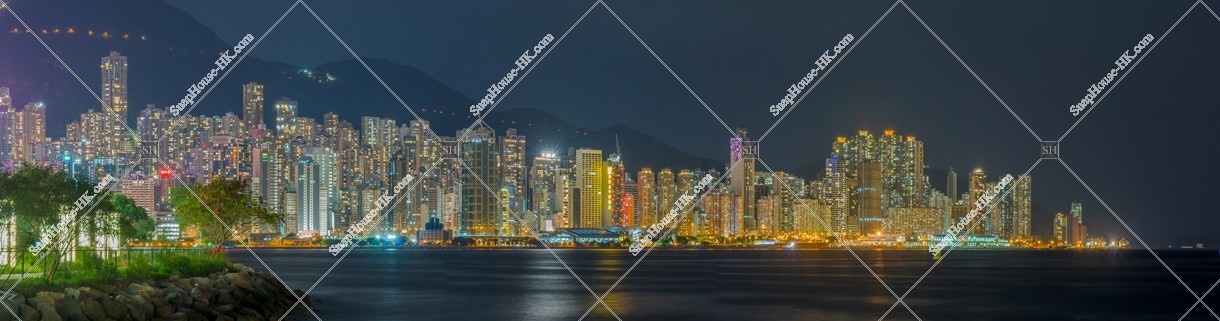 Panoramatic night view of high-rise buildings at Sai Wan