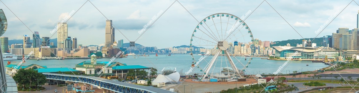 Panoramatic view of The Hong Kong Observation Wheel and Central Ferry Piers at Central