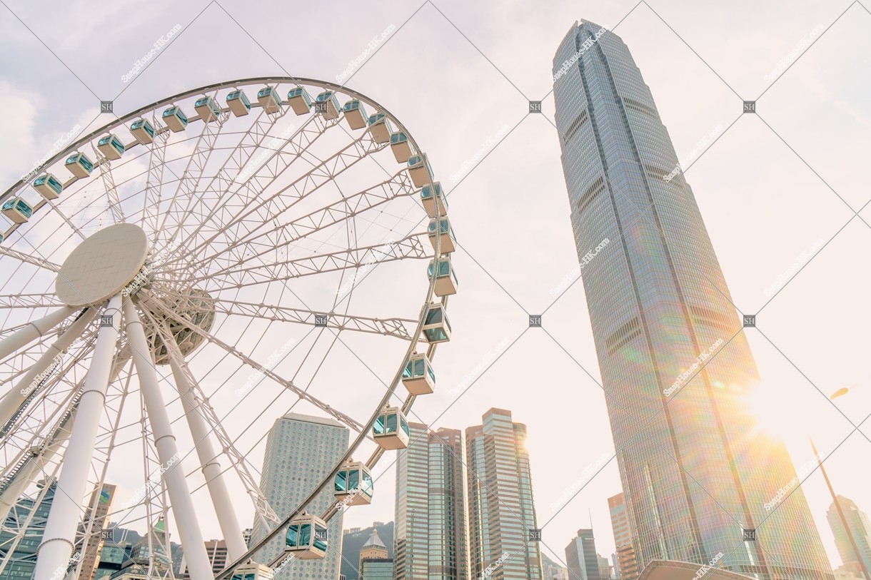 View of The Hong Kong Observation Wheel and ifc2 at sunset time, Central, No.1
