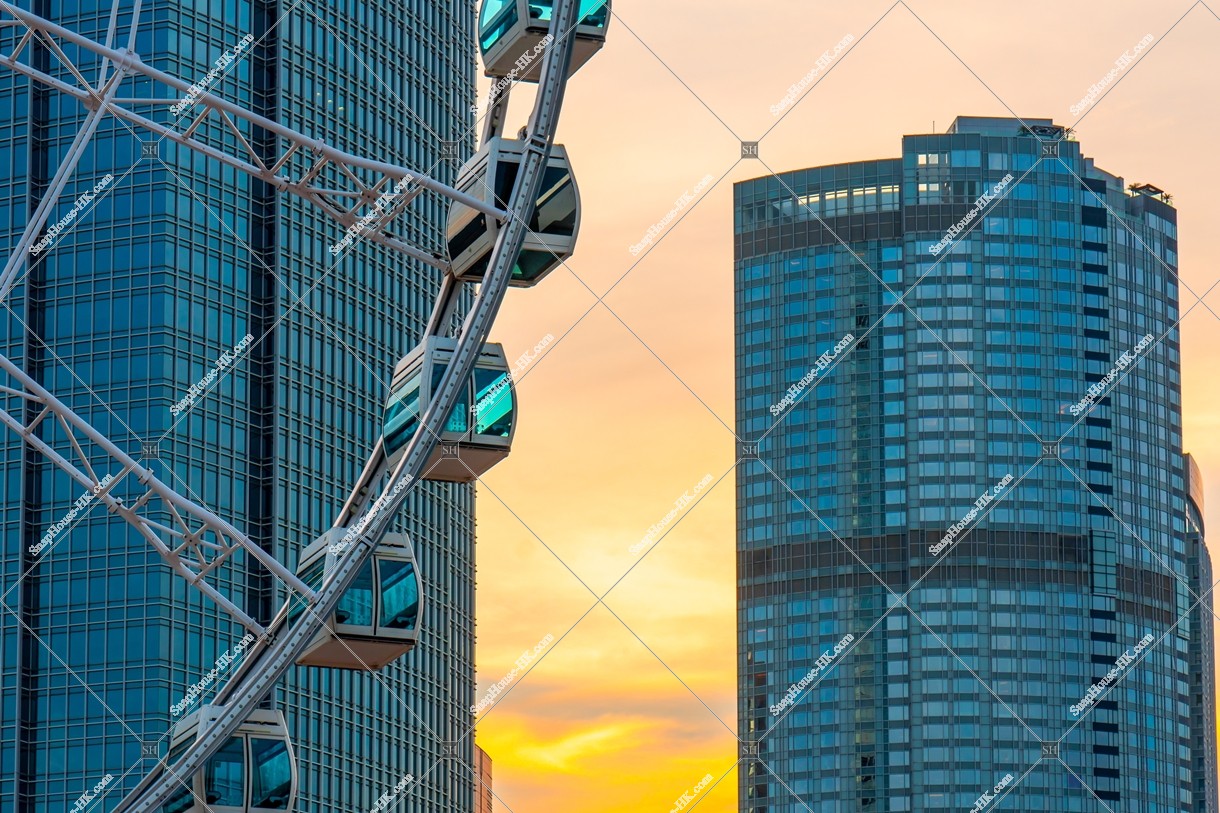 The Hong Kong Observation Wheel and high-rise buildings at sunset time, Central, No.1