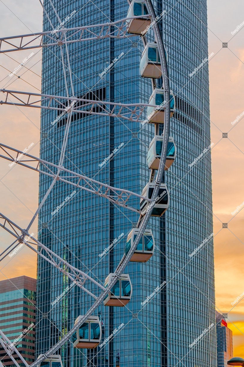 View of The Hong Kong Observation Wheel and ifc2 at sunset time, Central, No.1