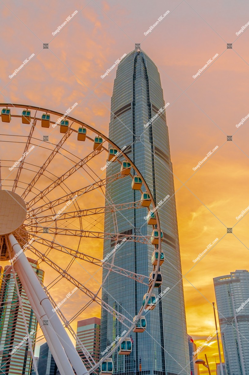 View of The Hong Kong Observation Wheel and ifc2 at sunset time, Central, No.2