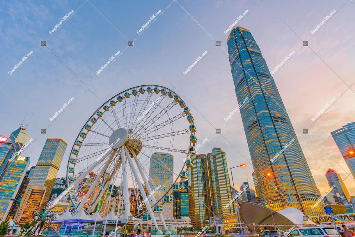 View of The Hong Kong Observation Wheel and ifc2 at sunset time, Central, No.4
