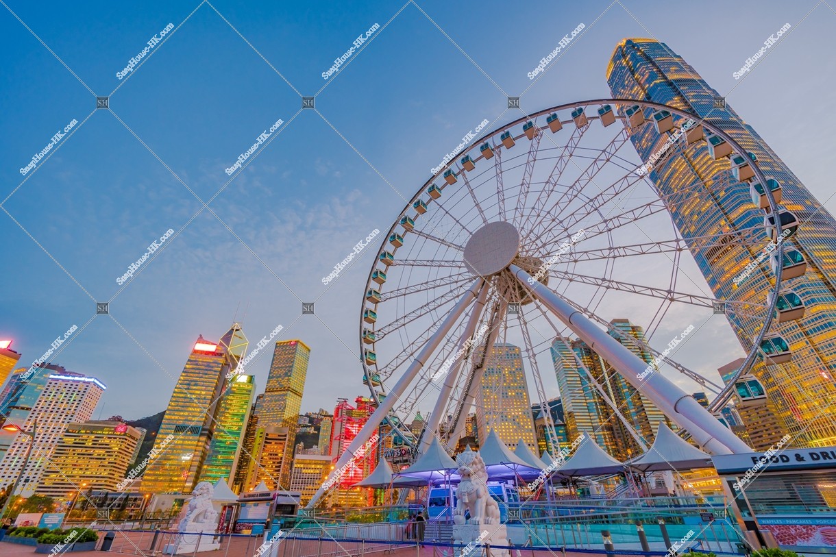 The Hong Kong Observation Wheel and high-rise buildings at Central after sunset, No.1