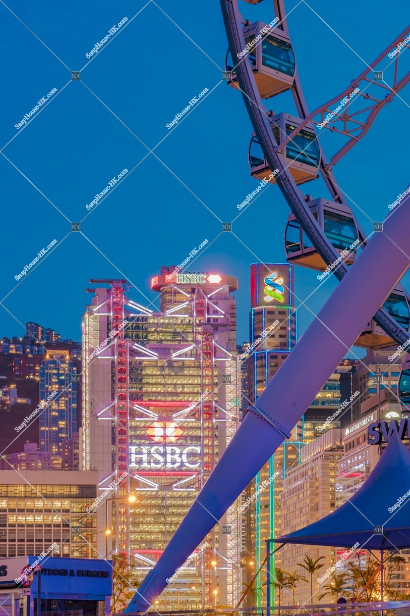 The Hong Kong Observation Wheel and high-rise buildings at Central after sunset, No.3