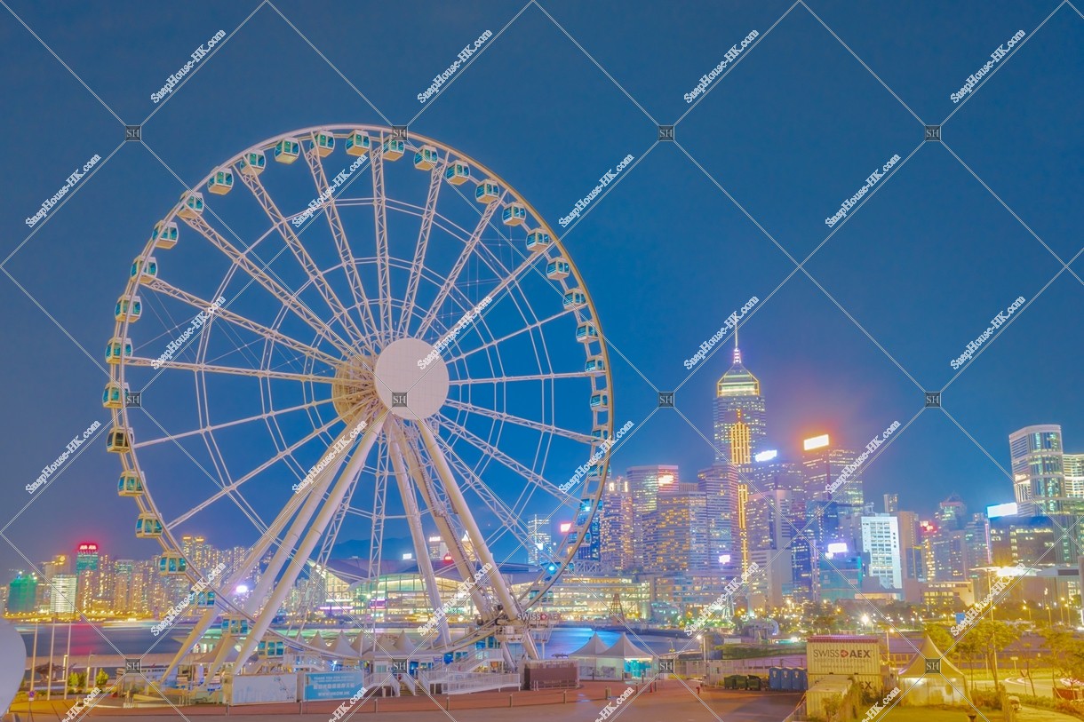 The Hong Kong Observation Wheel and high-rise buildings at night, Wan Chai, No.1