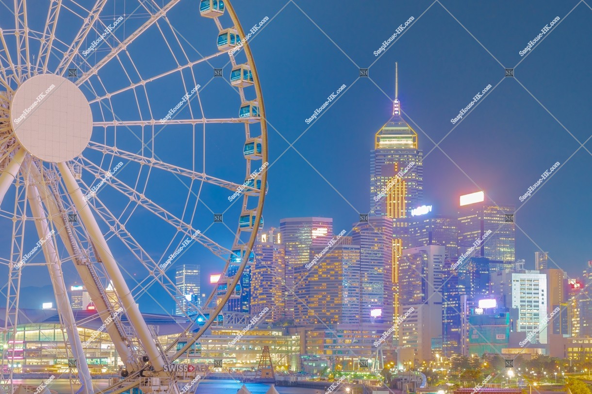 The Hong Kong Observation Wheel and high-rise buildings at night, Wan Chai, No.2