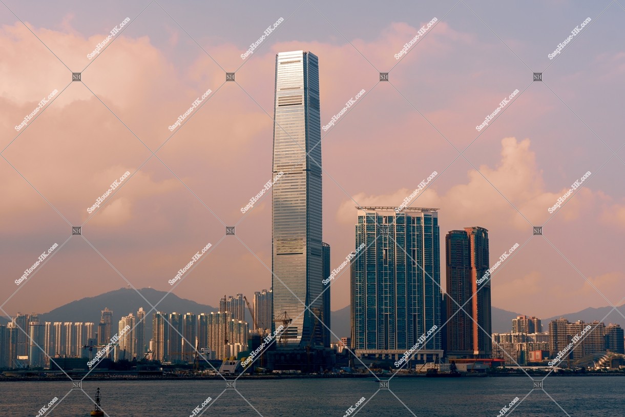 View of high-rise buildings at West Kowloon in sunset time, No.1