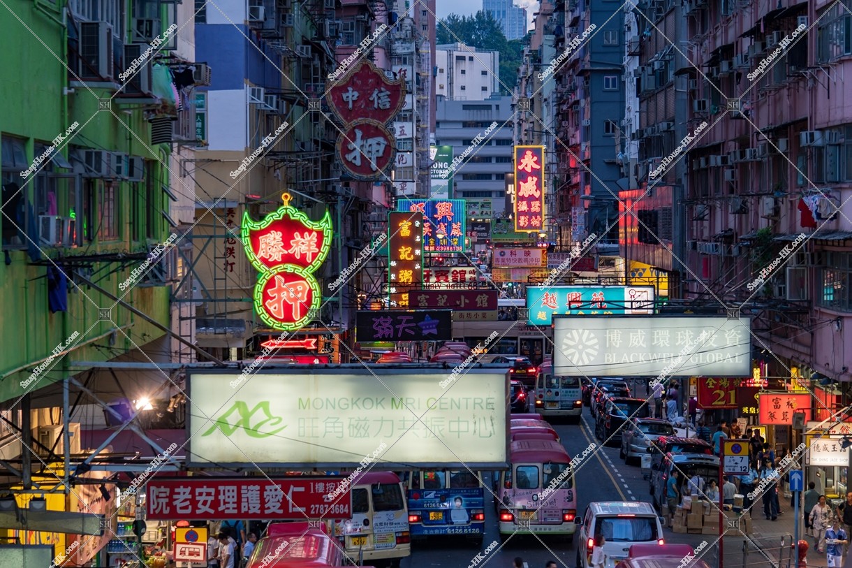 View of signboards at Mong Kok after sunset, No.1