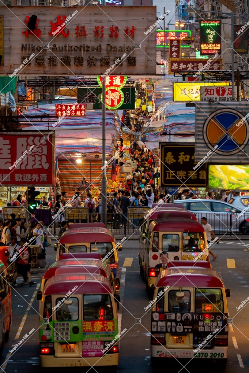 View of signboards and Minibuses at Mong Kok after sunset, No.2
