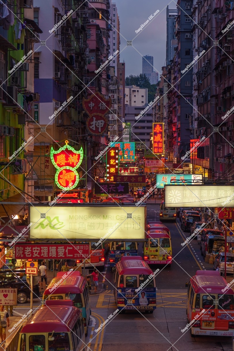 View of signboards and Minibuses at Mong Kok after sunset, No.3