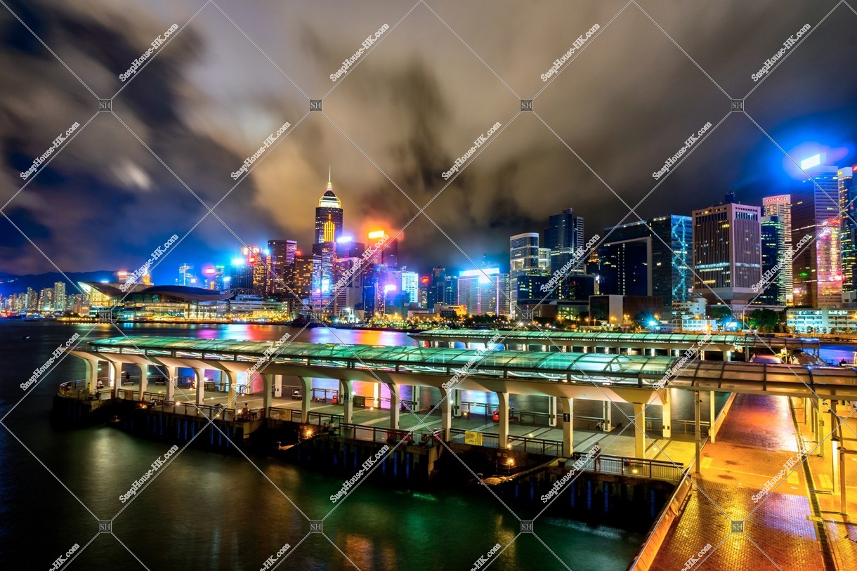 Night view of Central Ferry Piers and Wan Chai high-rise buildings, No.1