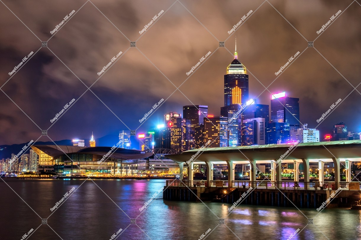 Night view of Central Ferry Piers and Wan Chai high-rise buildings, No.2