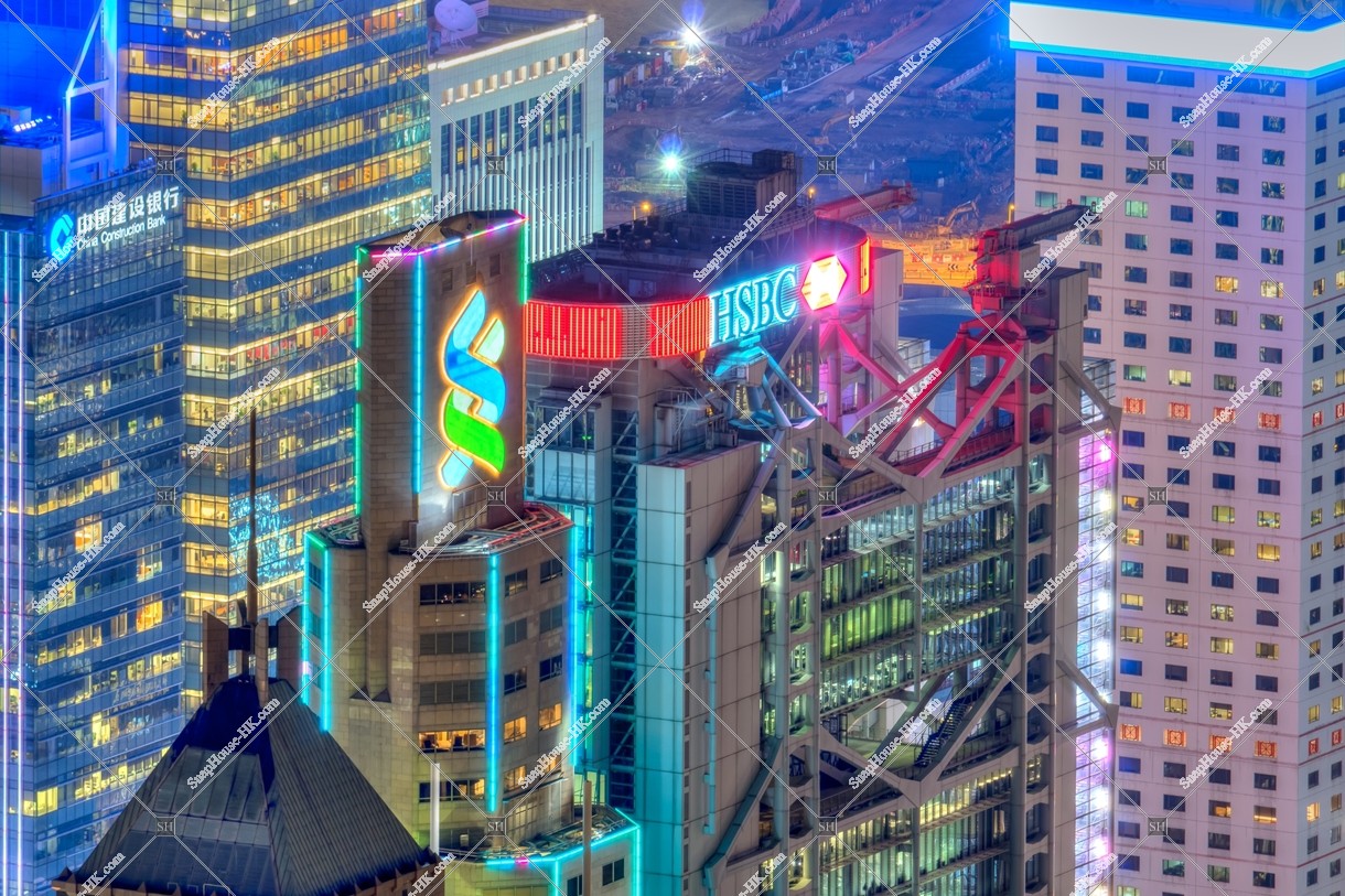 HSBC Main Building and Standard Chartered Bank Building at night, Central