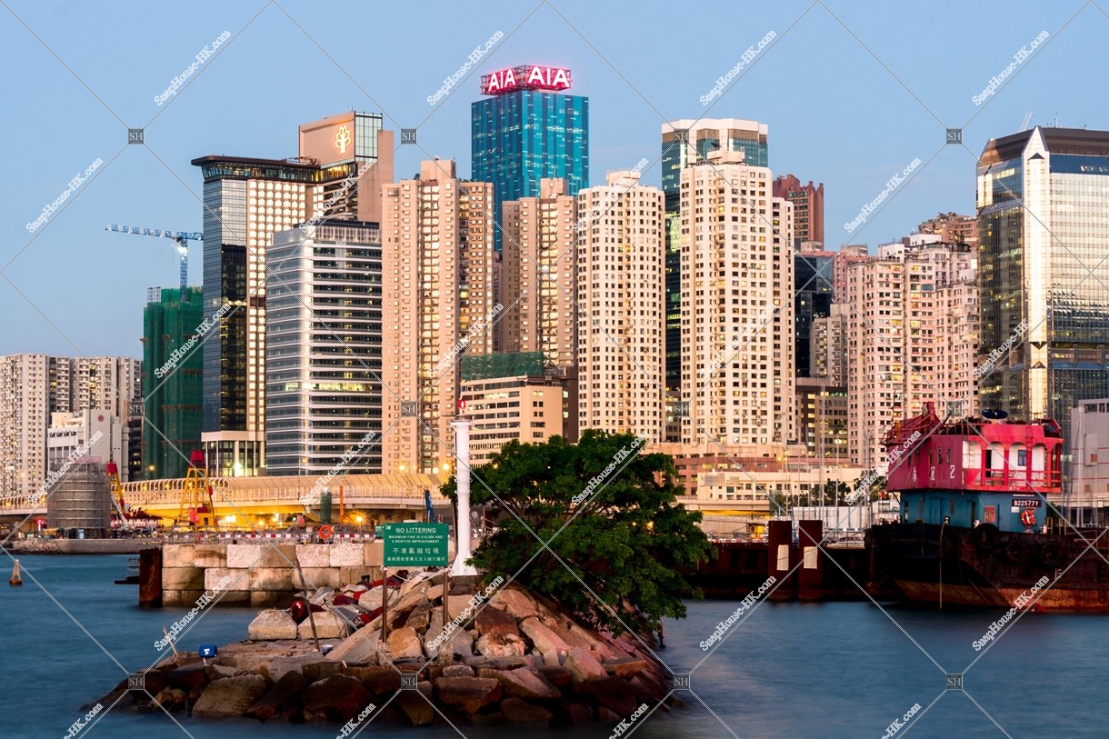 View of the buildings in North Point before sunset seen from typhoon shelter in Causeway
