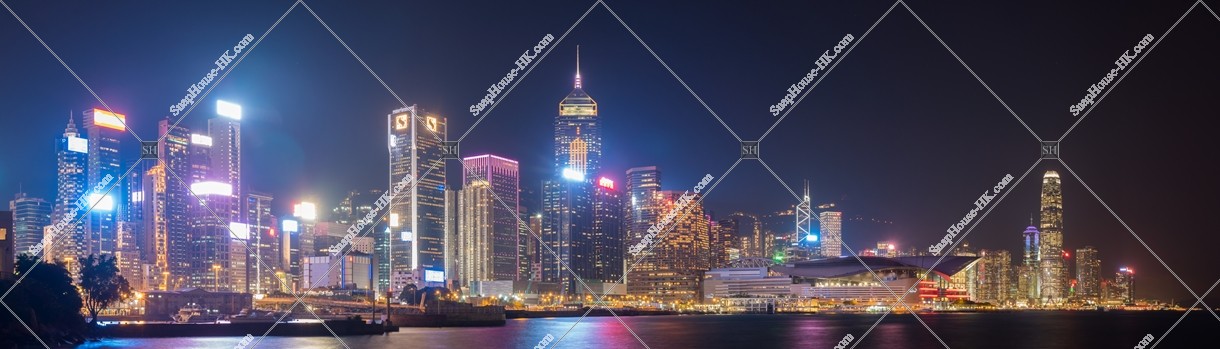 Panoramic night view from Wan Chai to Central