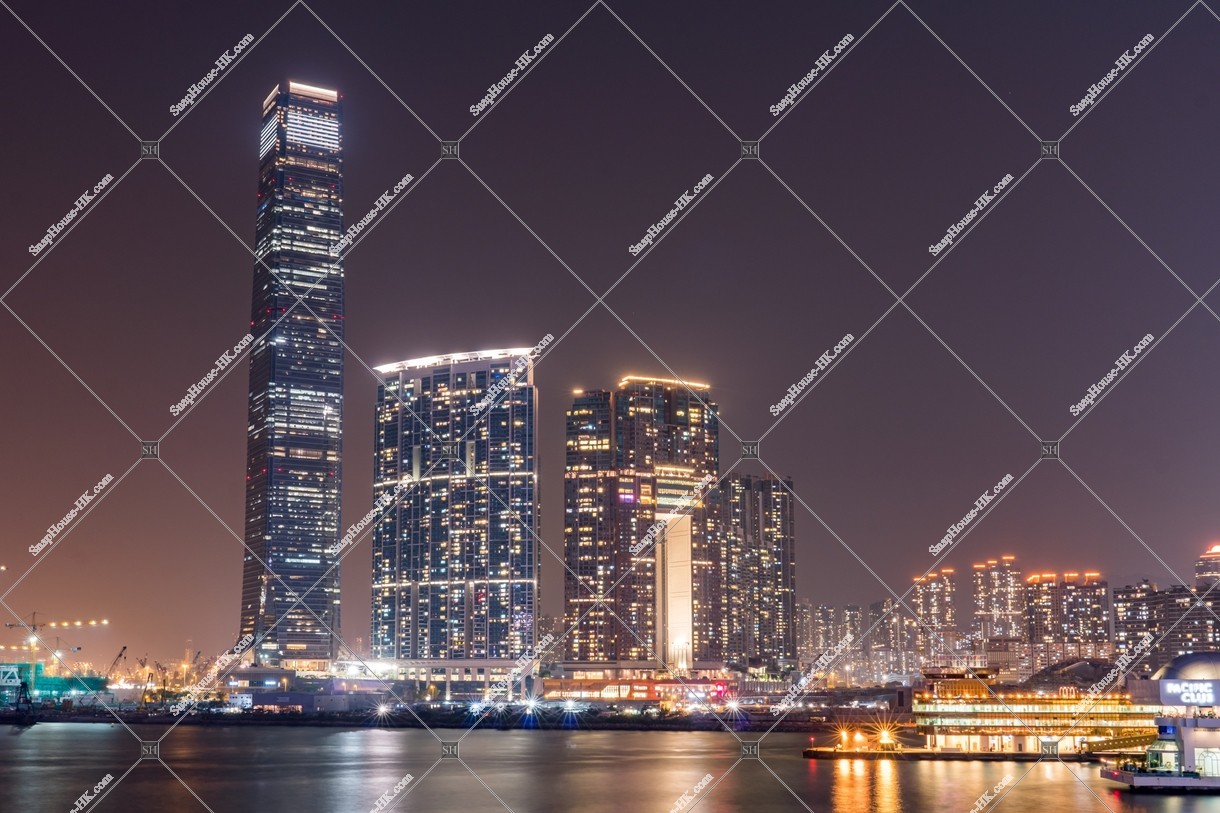 Night view of group of buildings in Kowloon West (taken from the South side) [Landscape]
