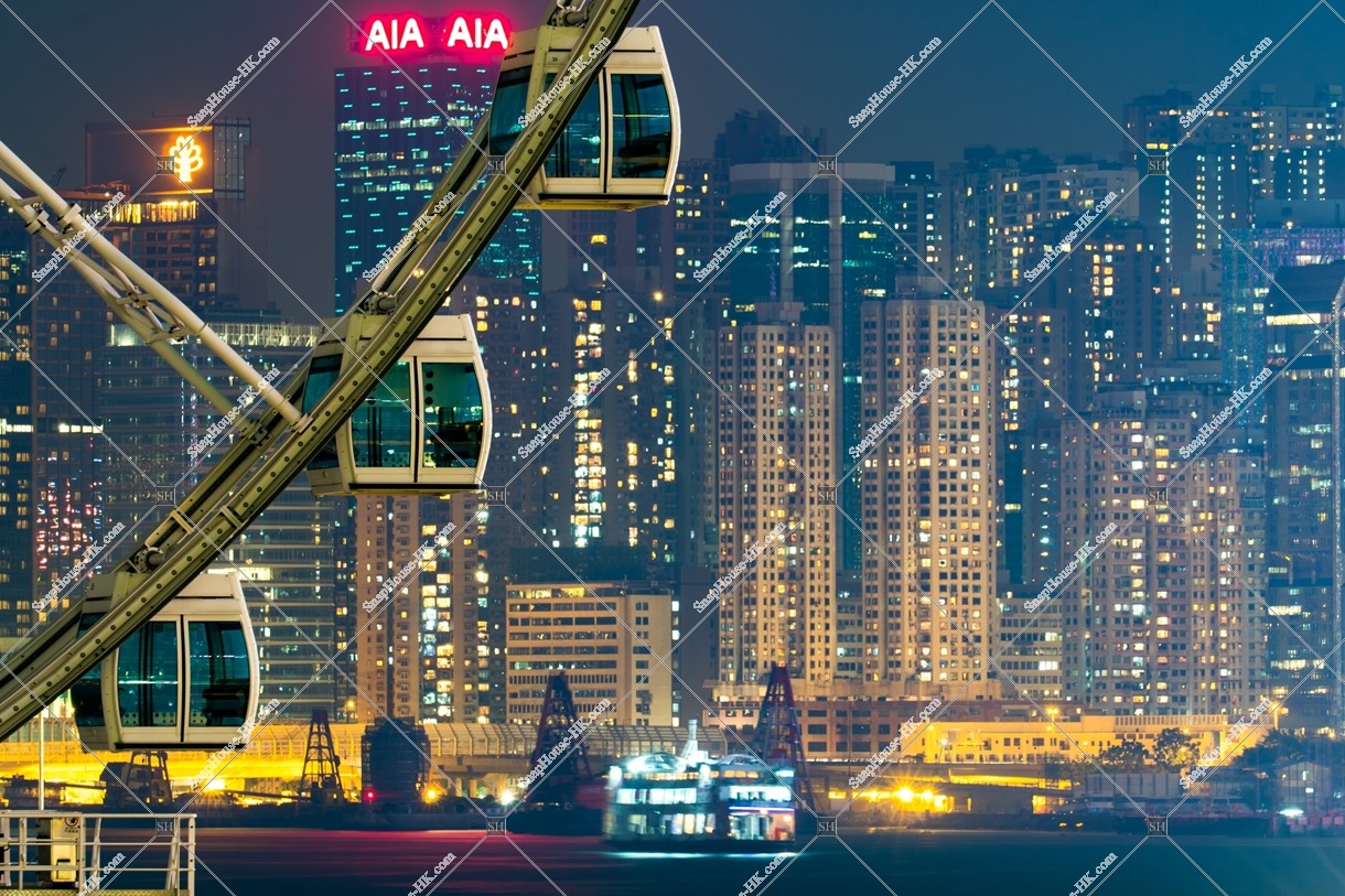 The Hong Kong Observation Wheel and North Point buildings at night, Central