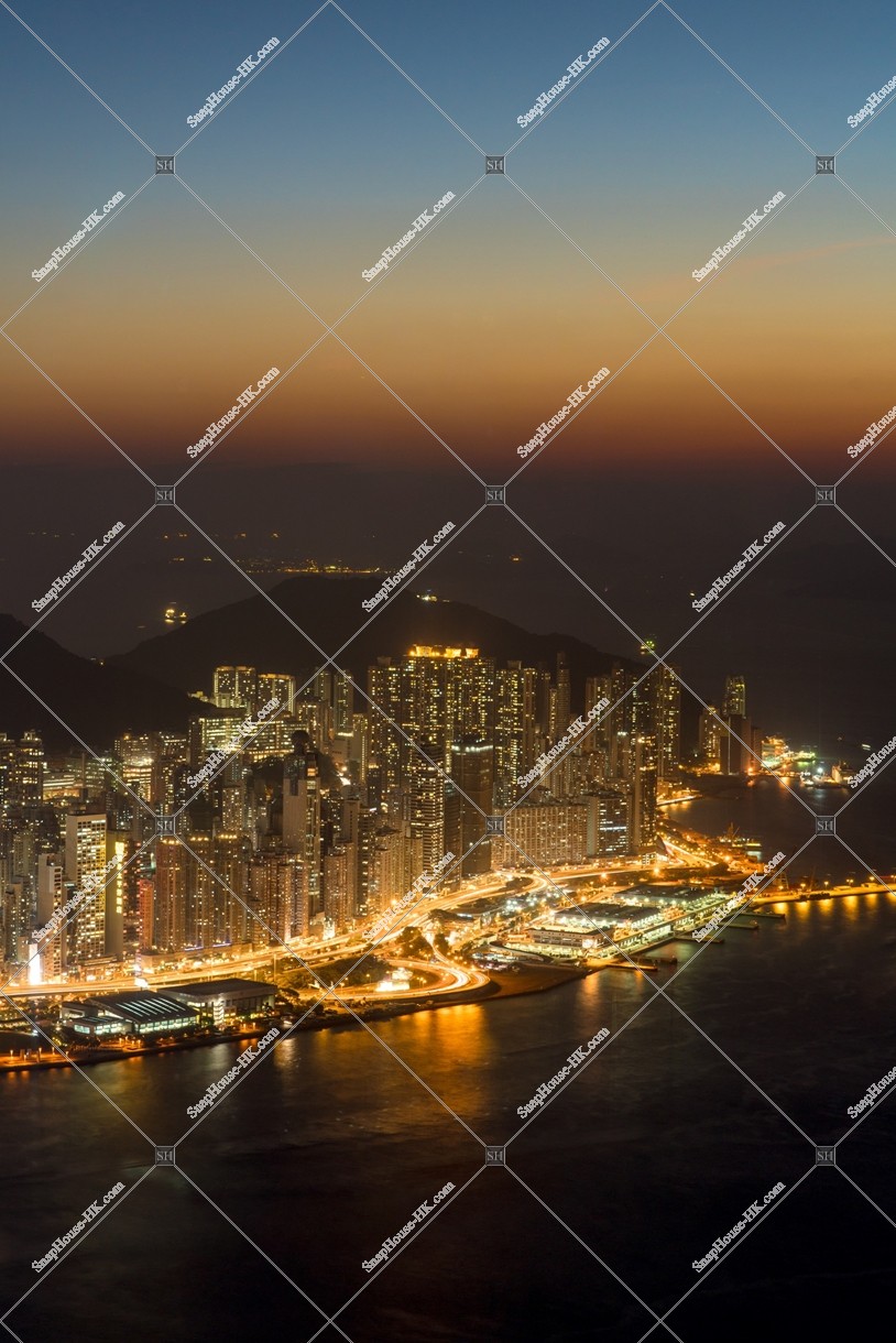 Night view around Hong Kong Island and West Bay after sunset