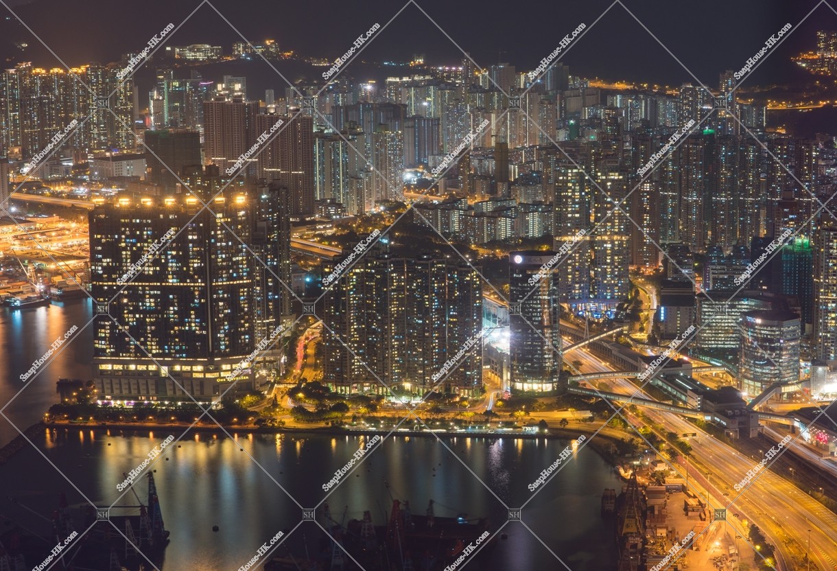 Night view of the buildings and mansions in Kowloon West