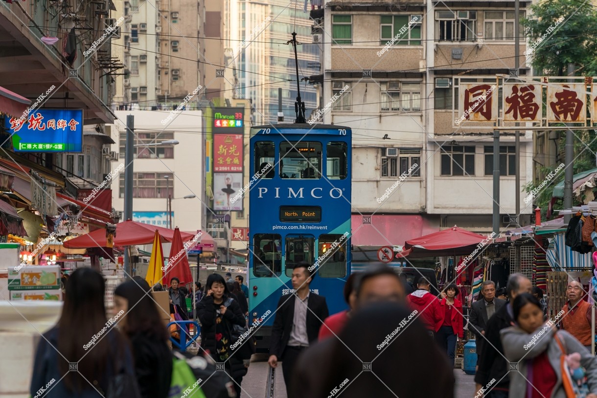 People walking in shopping street of Chun Yeung Streetand Hong Kong Tramway [Landscape] No.3