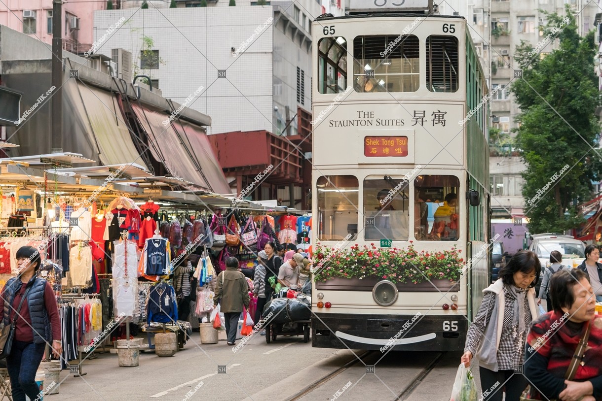 People walking in shopping street of Chun Yeung Streetand Hong Kong Tramway [Landscape] No.4