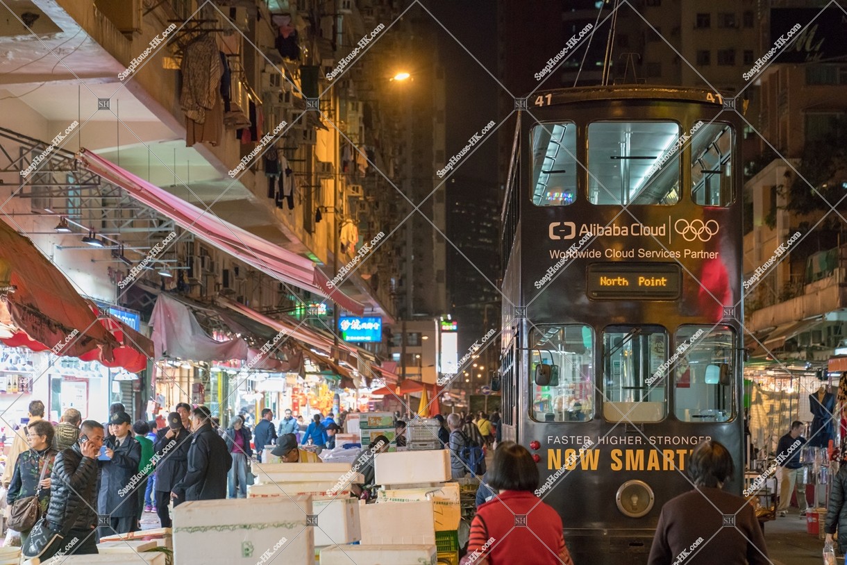 Behind side of Hong Kong Tramway driving to Spring Street at night [Landscape]