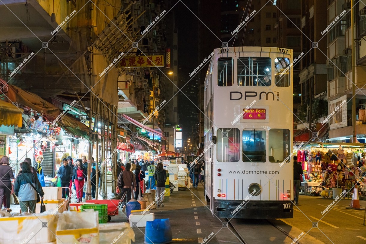 Hong Kong Tramway driving to Spring Street at night No.2