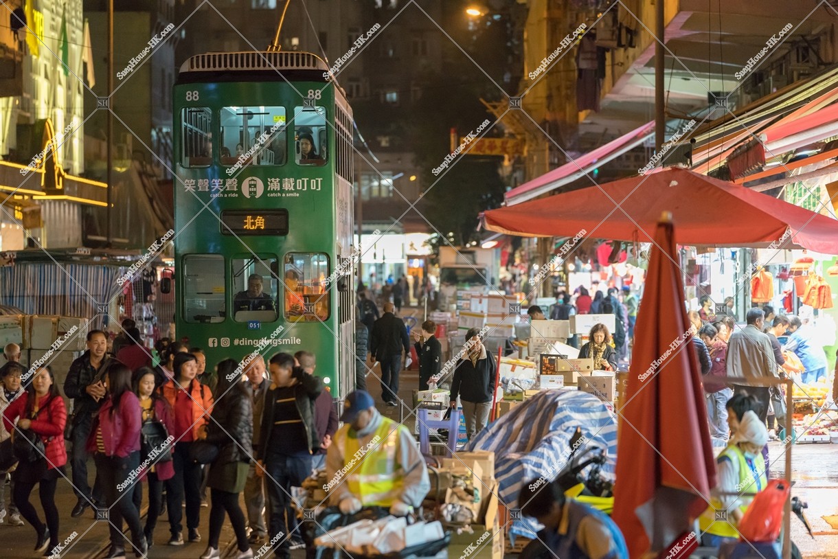 Crowded people and the Hong Kong Tramway in the Spring Street at night No.3