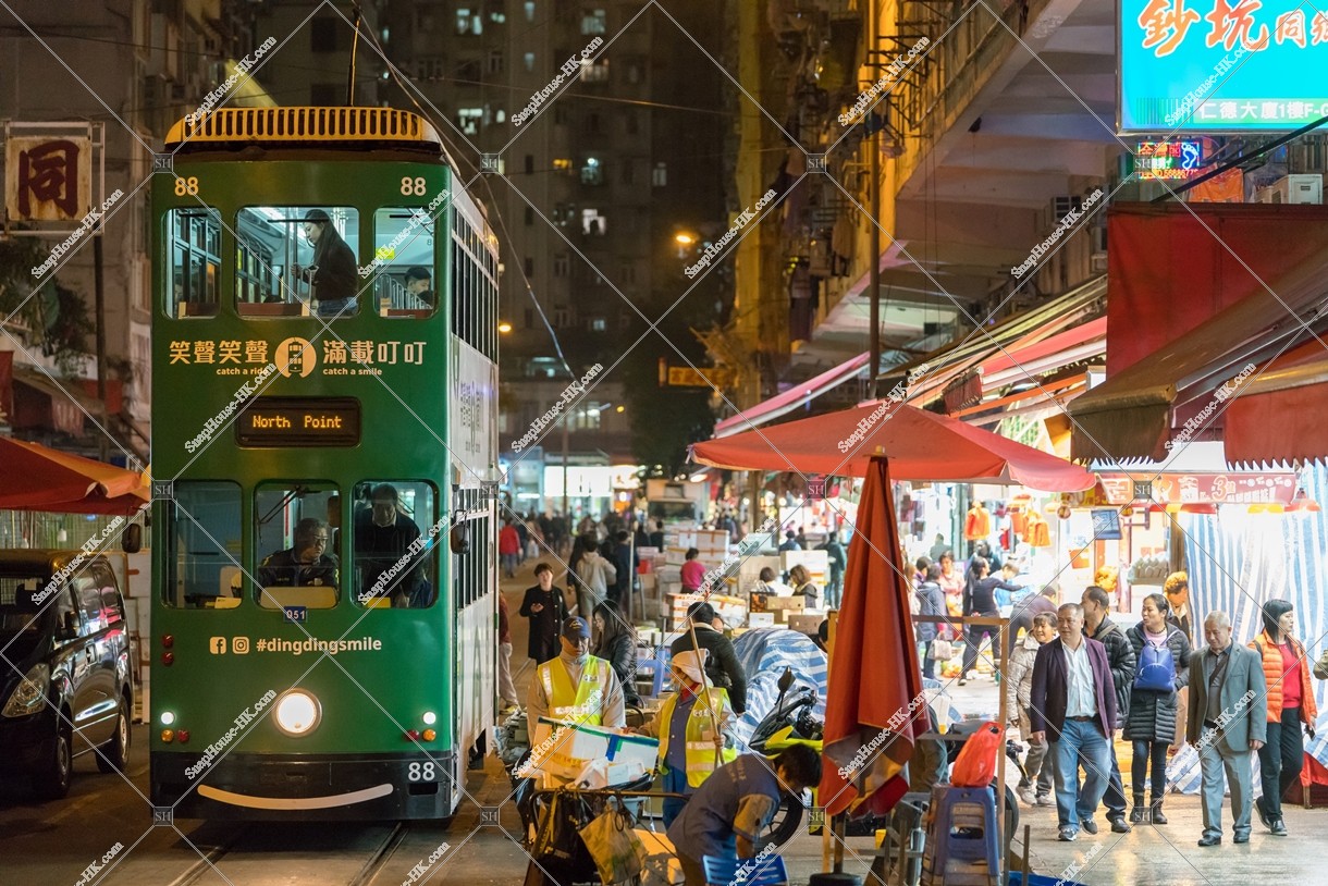 Crowded people and the Hong Kong Tramway in the Spring Street at night No.4