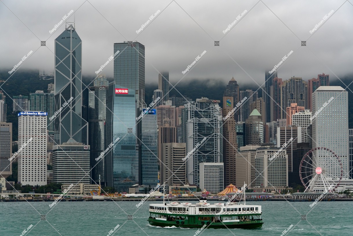 The Financial high-rise buildings at Central and Star Ferry on a cloudy day [Landscape] No.3