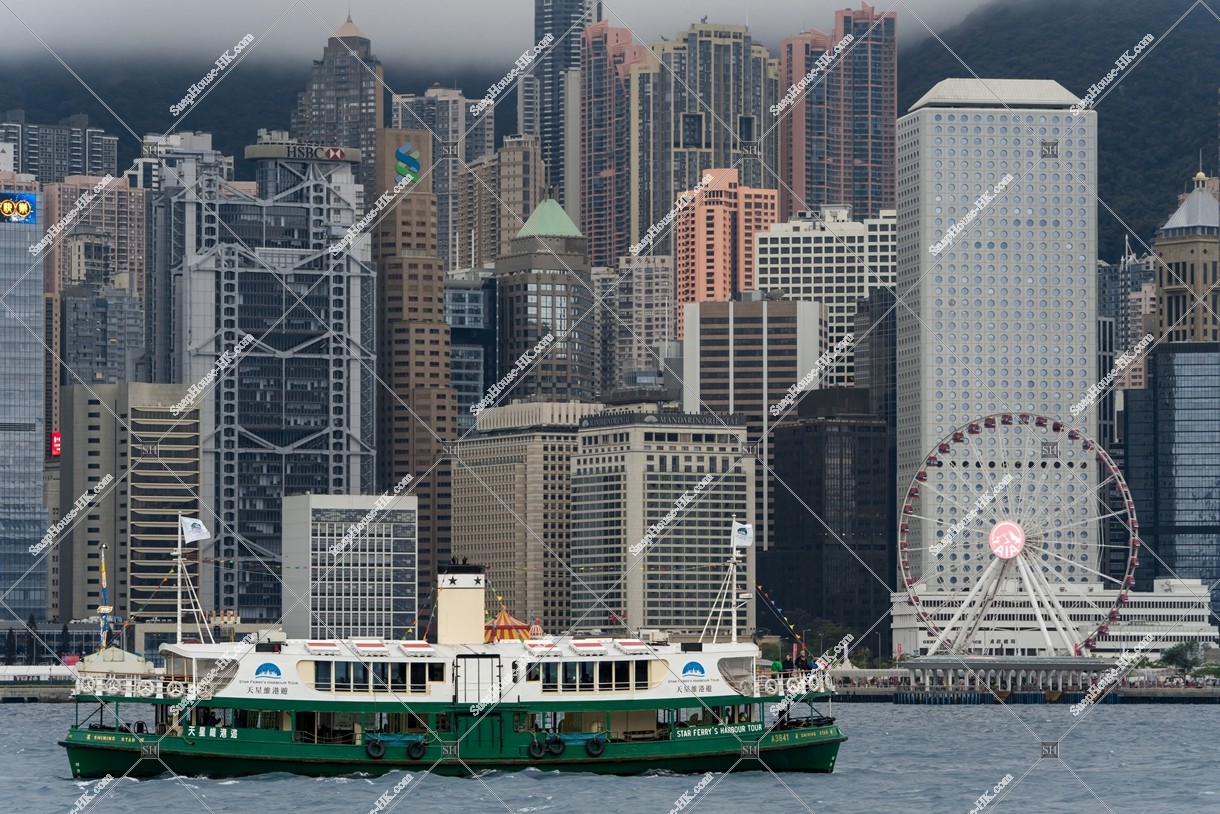 The Financial high-rise buildings at Central and Star Ferry on a cloudy day [Landscape] No.4