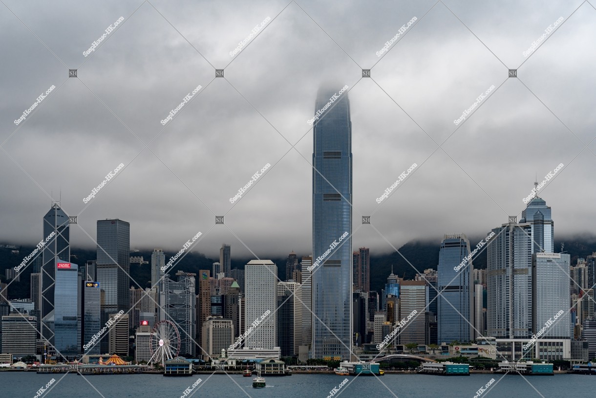 View of the high-rise buildings and Star Ferry at Centarl on a cloudy day, No.2