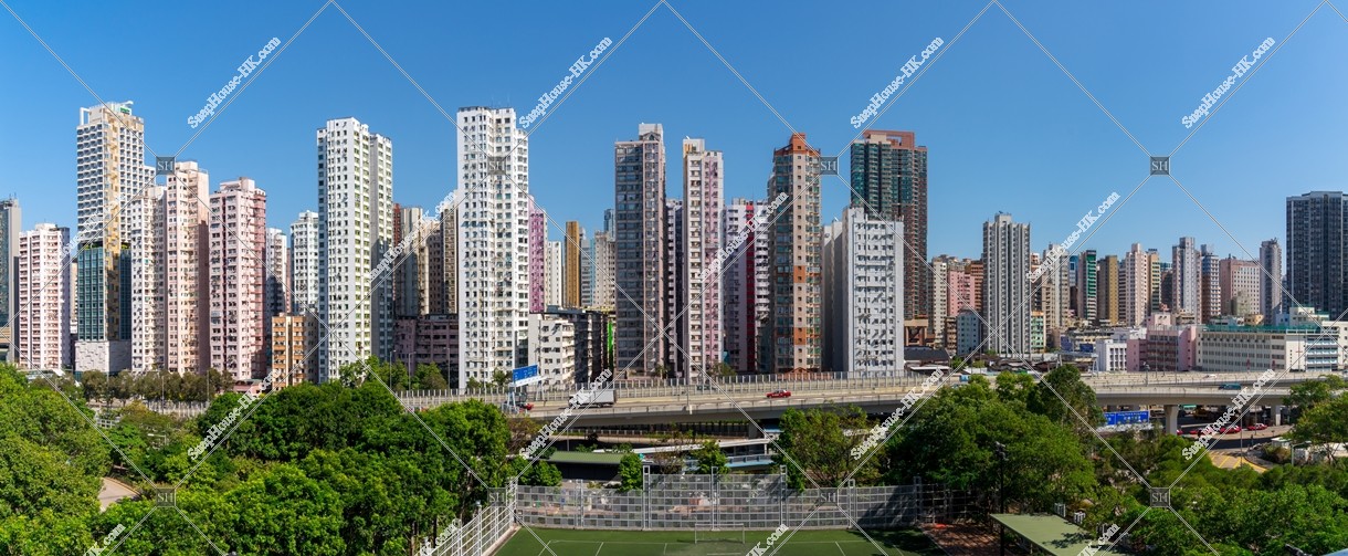 Panorama view on old high mansions from Mong Kok to Yaumatei