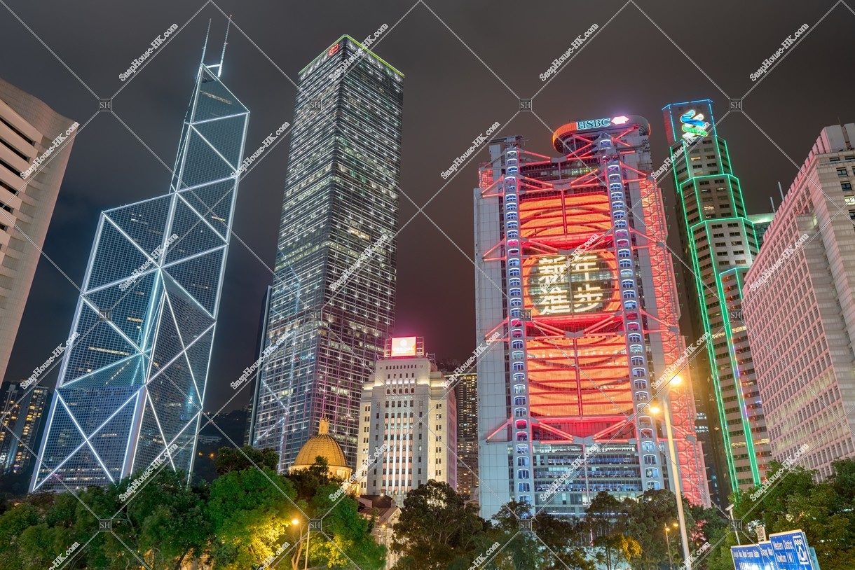 Chines new year night view, Group of buildings in the central business districts, (Light up of "新年進步")