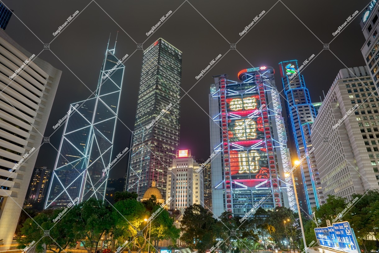 Chines new year night view, Group of buildings in the central business districts, (Light up of "恭喜發財")