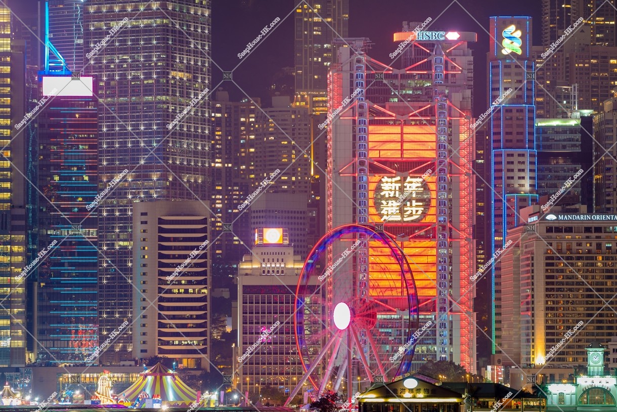 Chines new year night view, Group of buildings in the central business districts, (Light up of "新年進步"), No.5