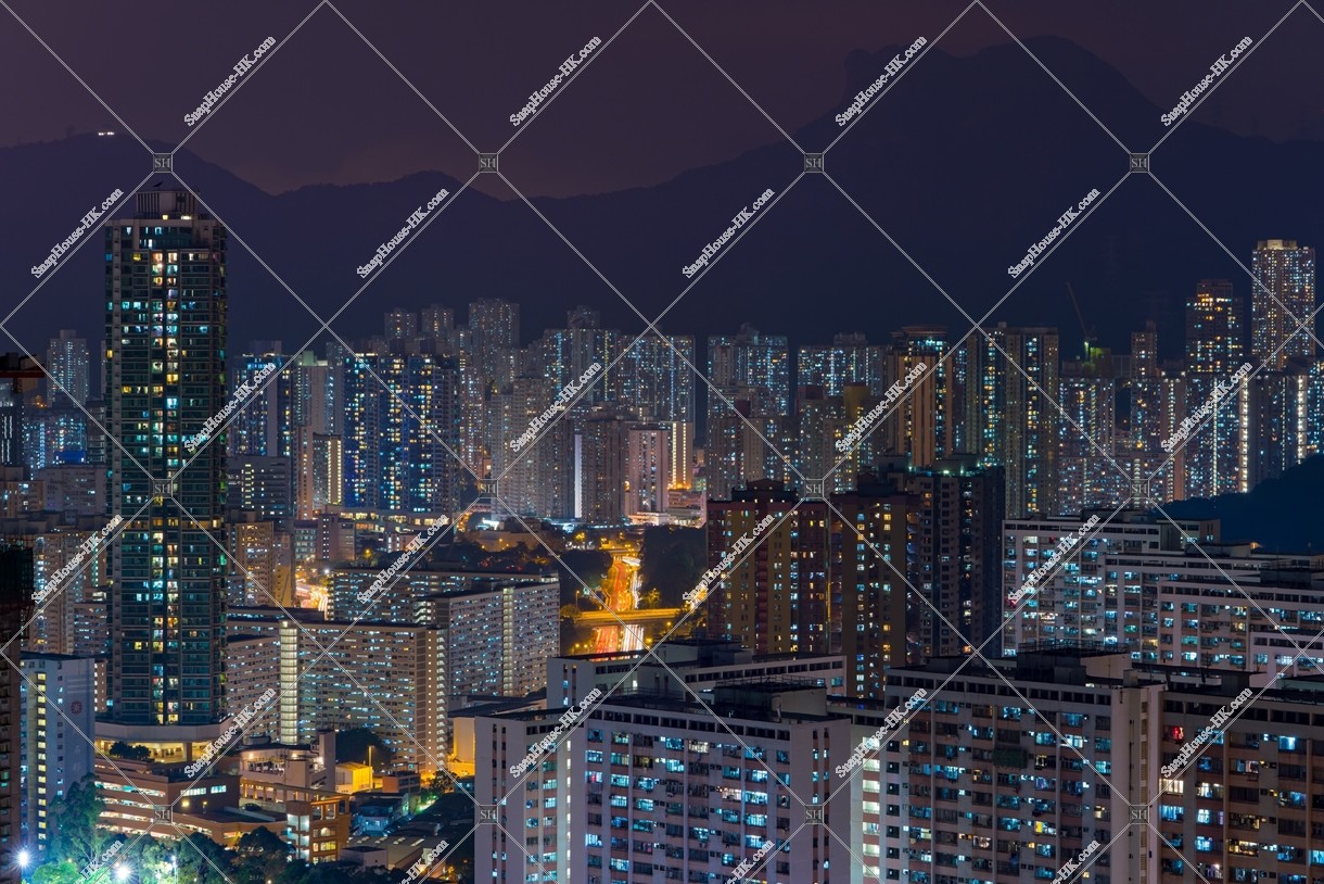 Night view of Apartments and Lion Rock, Ngau Chi Wan