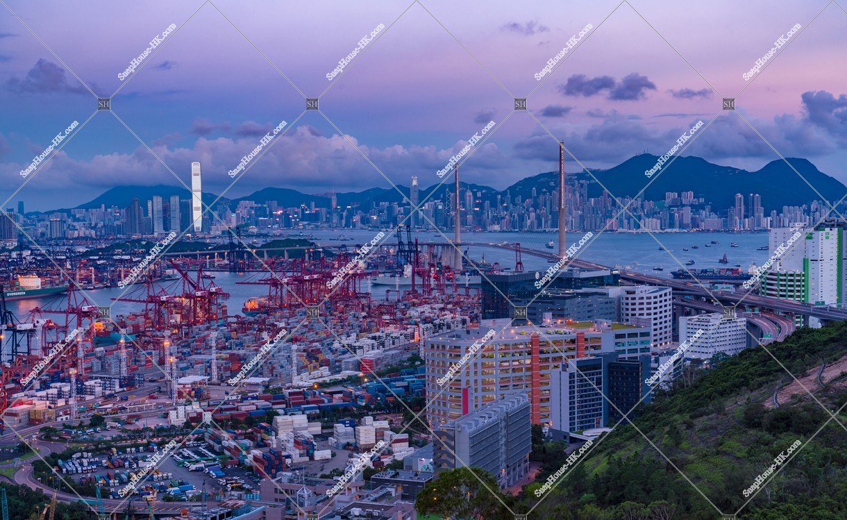 After sunset view of Kwai Tsing Container Terminal, West Kowloon and Hong Kong Island, No.1