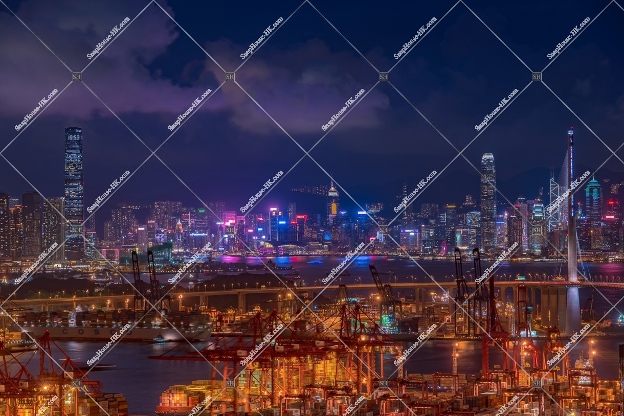 Night view of Kwai Tsing Container Terminal, West Kowloon and Hong Kong Island, No.2