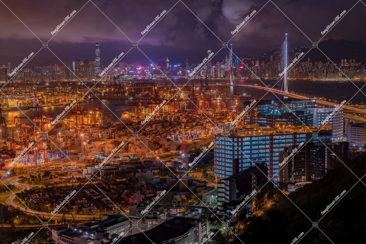 Night view of Kwai Tsing Container Terminal, West Kowloon and Hong Kong Island, No.4
